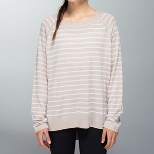 LULULEMON Heathered Cashew White Stripe Post Savasana Pullover Long Sleeve Sz 12